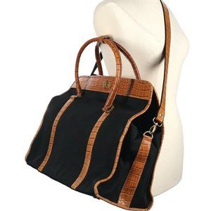 NWOT Adrienne Vittadini XL Tote BAG Black Canvas Croc Print Leather Strap Travel